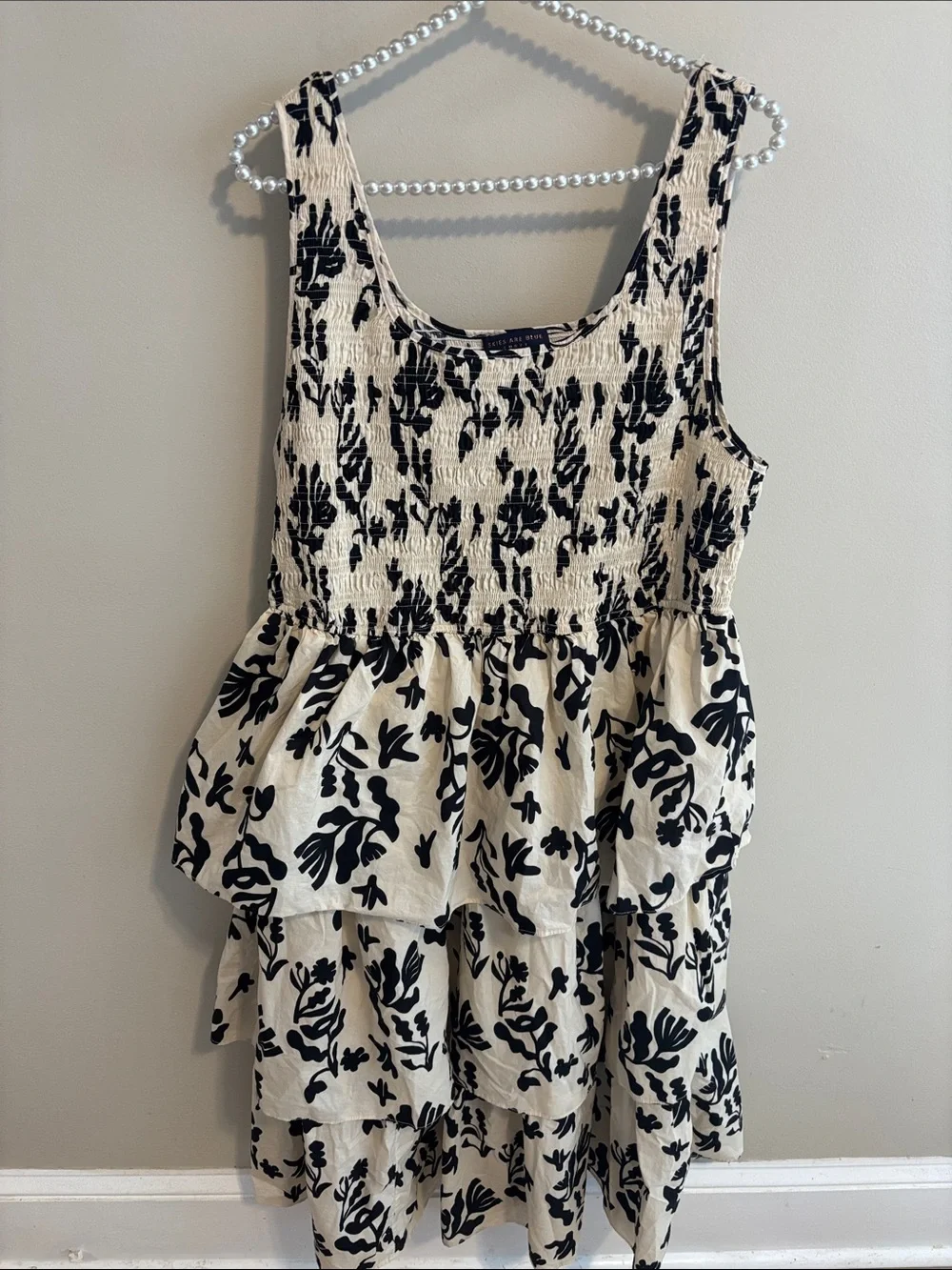 Skies Are Blue Womens 1X Cotton Black Cream Floral Smocked Tiered Midi Dress